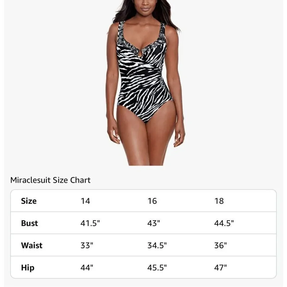 Miraclesuit NWT Tigre Sombre Escape One Piece Swimsuit Black White Size 16